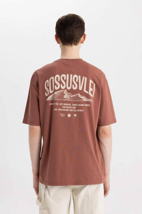 Oversize Fit Crew Neck Back Printed Short Sleeve T-Shirt Light Brown - 9