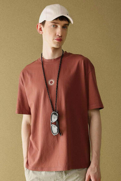 Oversize Fit Crew Neck Back Printed Short Sleeve T-Shirt Light Brown - 10