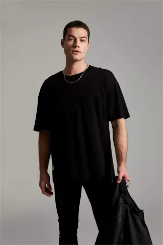 Oversize Fit Crew Neck Basic Heavy Fabric T-shirt Black - DEFACTO (1)