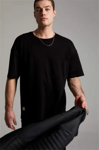 Oversize Fit Crew Neck Basic Heavy Fabric T-shirt Black - 3