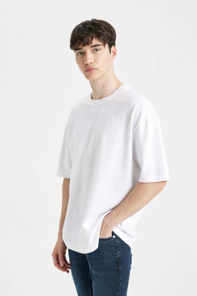 Oversize Fit Crew Neck Basic Short Sleeve Cotton Heavy Fabric T-Shirt White - 14