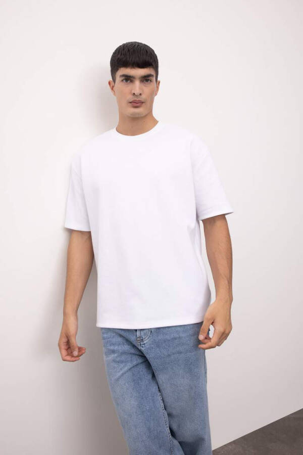 Oversize Fit Crew Neck Basic Short Sleeve Cotton Heavy Fabric T-Shirt White - 2