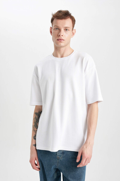 Oversize Fit Crew Neck Basic Short Sleeve Cotton Heavy Fabric T-Shirt White - 17