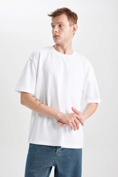 Oversize Fit Crew Neck Basic Short Sleeve Cotton Heavy Fabric T-Shirt White - 19