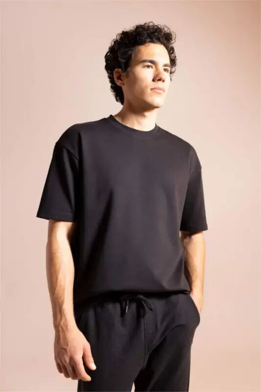 Oversize Fit Crew Neck Cotton Heavyweight T-Shirt Black - DEFACTO