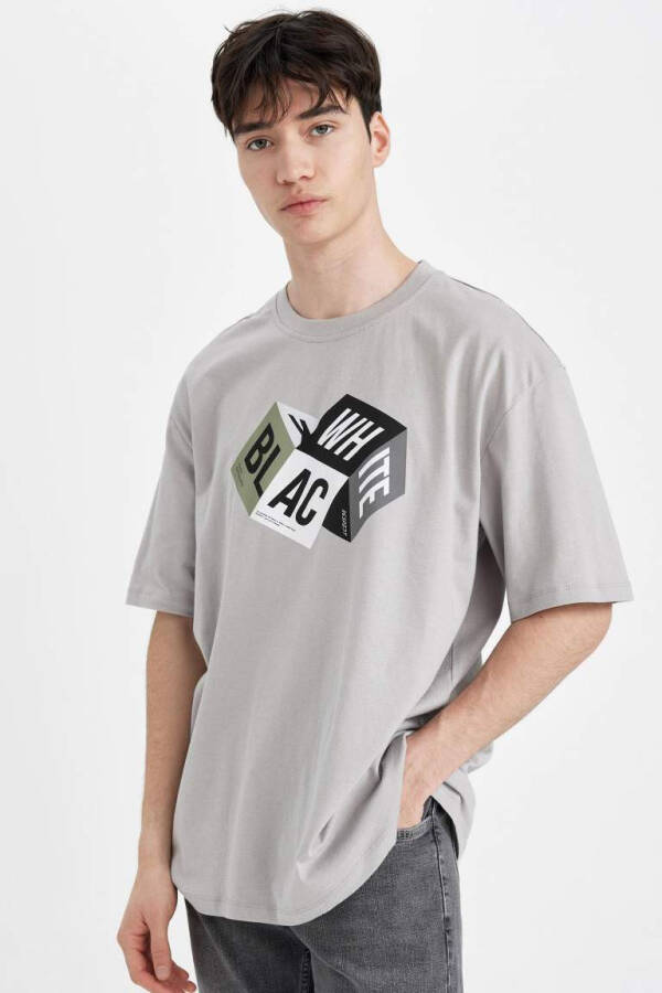 Oversize Fit Crew Neck Printed Short Sleeve T-Shirt Grey - 1