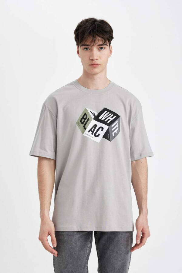 Oversize Fit Crew Neck Printed Short Sleeve T-Shirt Grey - 4