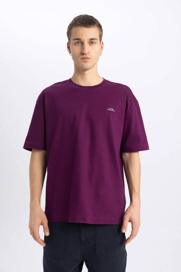 Oversize Fit Crew Neck Printed Short Sleeve T-Shirt Purple - 1