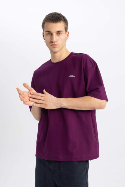 Oversize Fit Crew Neck Printed Short Sleeve T-Shirt Purple - 3