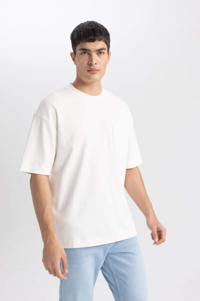 Oversize Fit Crew Neck Short Sleeve 100% Cotton Heavyweight T-Shirt Ecru - 3