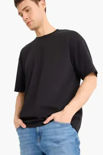 Oversize Fit Crew Neck Short Sleeve Basic Heavyweight T-Shirt Black - 4