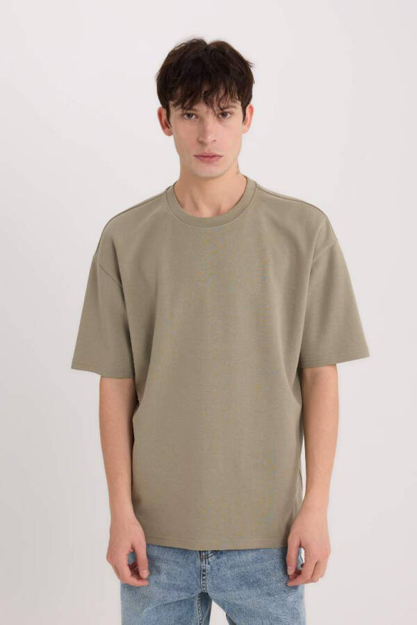 Oversize Fit Crew Neck Short Sleeve Basic Heavyweight T-Shirt Light Khaki - 1