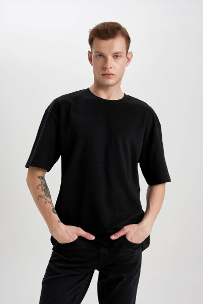 Oversize Fit Crew Neck Short Sleeve Heavy Fabric T-Shirt Black - 9