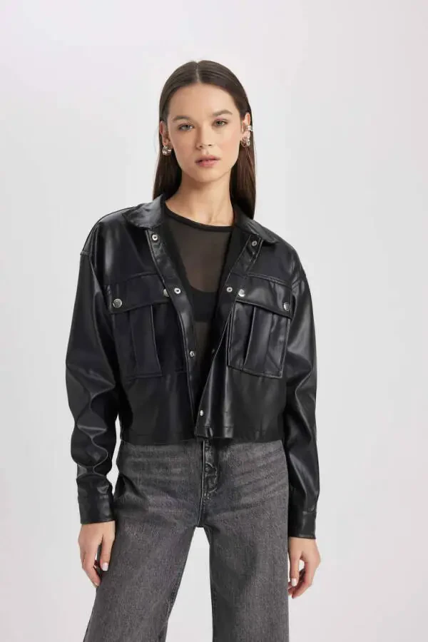 Oversize Fit Faux Leather Long Sleeve Shirt Black - 5