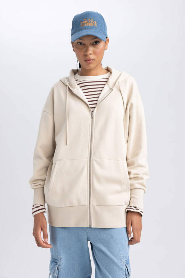 Oversize Fit Hooded Zip-Up Sweatshirt Light Beige - 1