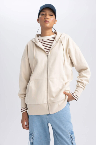 Oversize Fit Hooded Zip-Up Sweatshirt Light Beige - 3