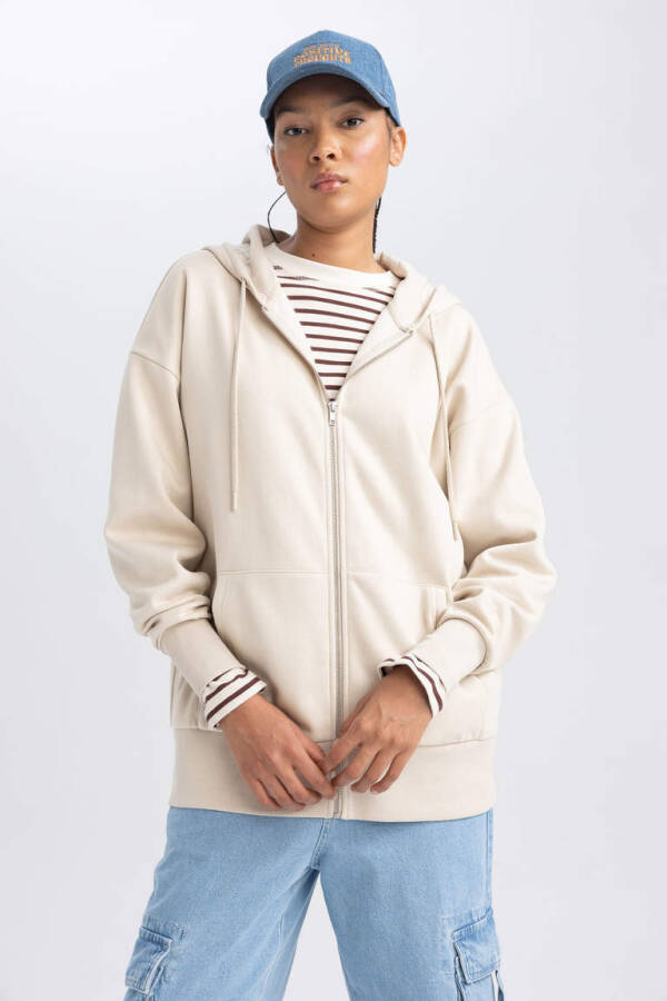 Oversize Fit Hooded Zip-Up Sweatshirt Light Beige - 4