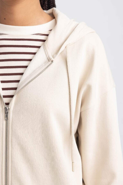 Oversize Fit Hooded Zip-Up Sweatshirt Light Beige - 4