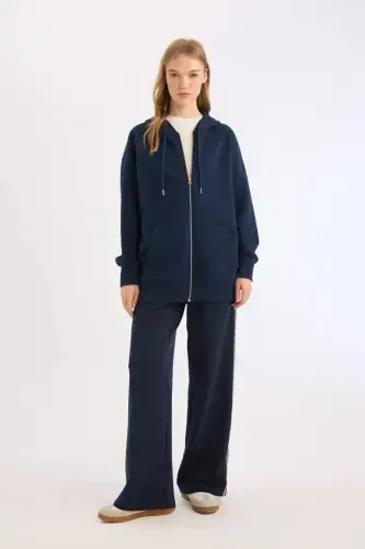 Oversize Geniş Kalıp Kapüşonlu Cepli Basic Düz Fermuarlı Sweatshirt-Lacivert - Defacto (1)