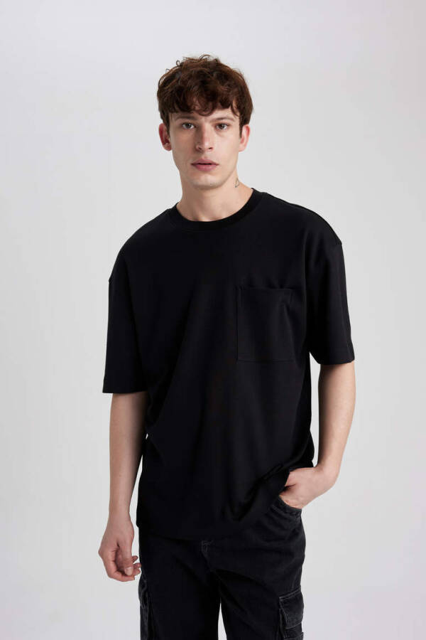 Oversize Fit Krujka Yaka Qisqa Yengli 100% Paxta Og'ir Mato T-Shirt Qora - 1