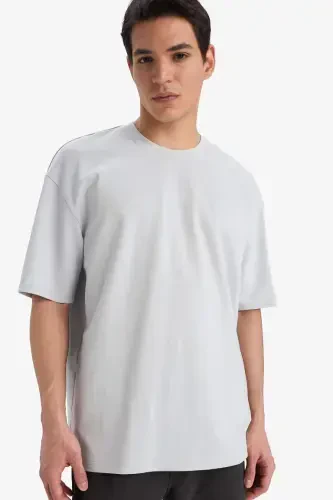 Oversize Fit Krujka Yaka Qisqa Yengli Basic Og'ir Matodan T-shirt Ochchiq Kulrang - 1