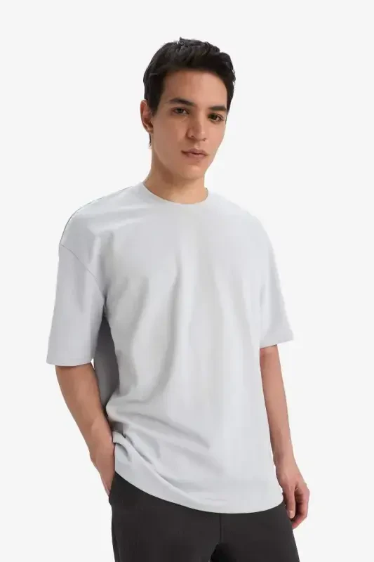 Oversize Fit Krujka Yaka Qisqa Yengli Basic Og'ir Matodan T-shirt Ochchiq Kulrang - 3