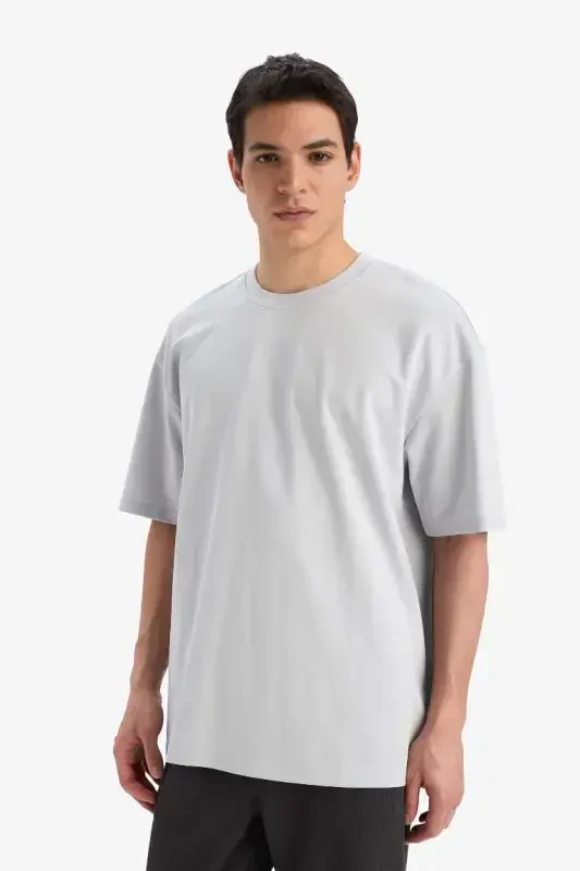 Oversize Fit Krujka Yaka Qisqa Yengli Basic Og'ir Matodan T-shirt Ochchiq Kulrang - 4