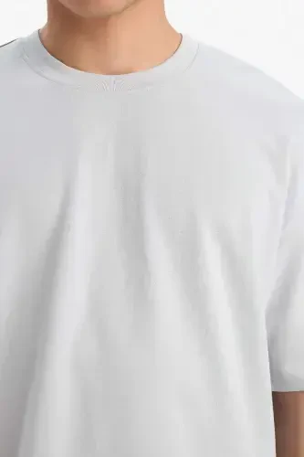 Oversize Fit Krujka Yaka Qisqa Yengli Basic Og'ir Matodan T-shirt Ochchiq Kulrang - 5