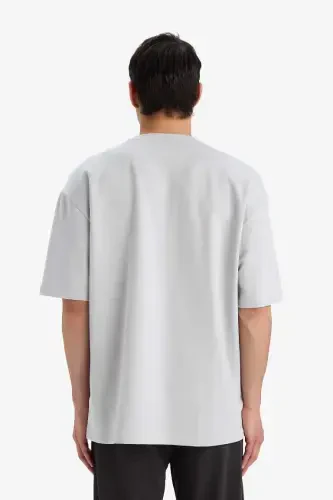 Oversize Fit Krujka Yaka Qisqa Yengli Basic Og'ir Matodan T-shirt Ochchiq Kulrang - 6