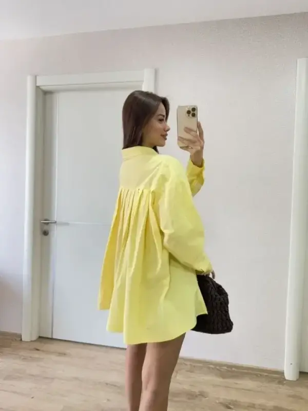 Oversize Pens Detaylı Cepli Yırtmaçlı Rahat Kalıp Poplin Gömlek - Sarı - 3