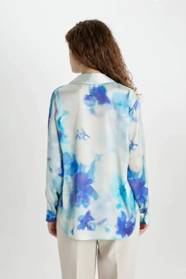 Oversize Fit Saten Uzun Kollu Gömlek-Ekru - 4