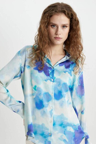 Oversize Fit Saten Uzun Kollu Gömlek-Ekru - 5