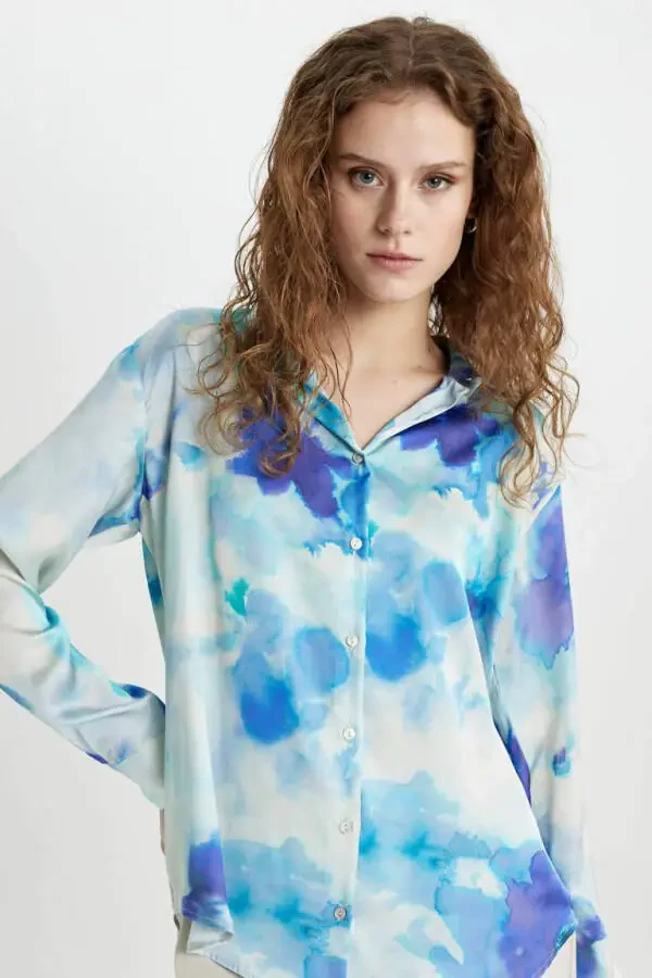 Oversize Fit Saten Uzun Kollu Gömlek-Ekru - 5