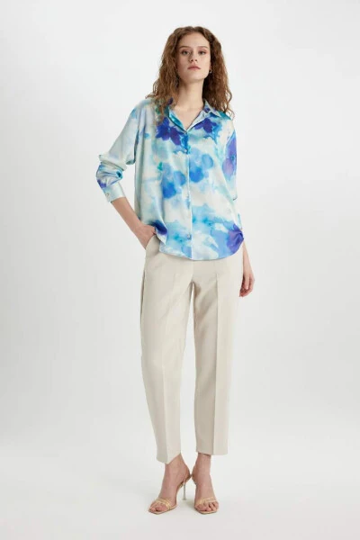 Oversize Fit Satin Long Sleeve Shirt Ecru - DEFACTO