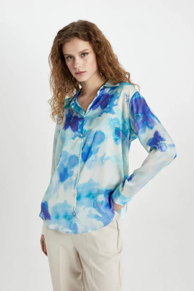 Oversize Fit Satin Long Sleeve Shirt Ecru - DEFACTO (1)