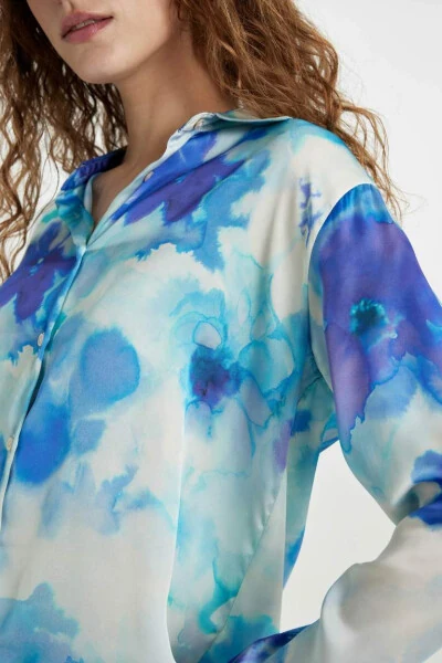 Oversize Fit Satin Long Sleeve Shirt Ecru - 3