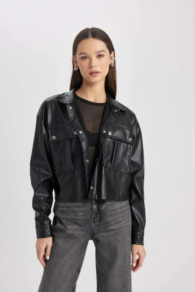 Oversize Fit Suni Deri Uzun Kollu Gömlek Siyah - 5