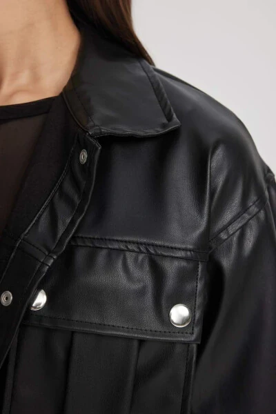 Oversize Fit Suni Deri Uzun Kollu Gömlek Siyah - 9