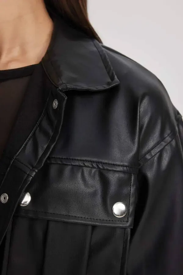Oversize Fit Suni Deri Uzun Kollu Gömlek Siyah - 9