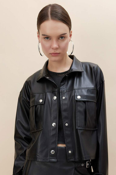 Oversize Fit Sun'iy Teri Uzun Yengli Ko'ylak Qora - 1