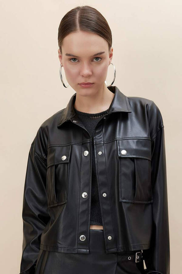 Oversize Fit Sun'iy Teri Uzun Yengli Ko'ylak Qora - 1
