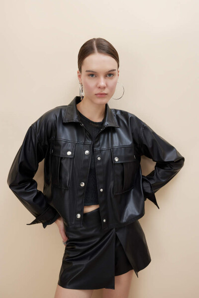 Oversize Fit Sun'iy Teri Uzun Yengli Ko'ylak Qora - 4
