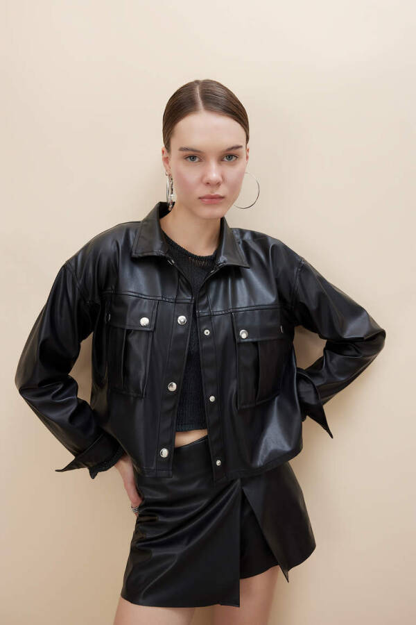 Oversize Fit Sun'iy Teri Uzun Yengli Ko'ylak Qora - 4