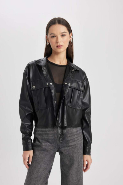 Oversize Fit Sun'iy Teri Uzun Yengli Ko'ylak Qora - 5