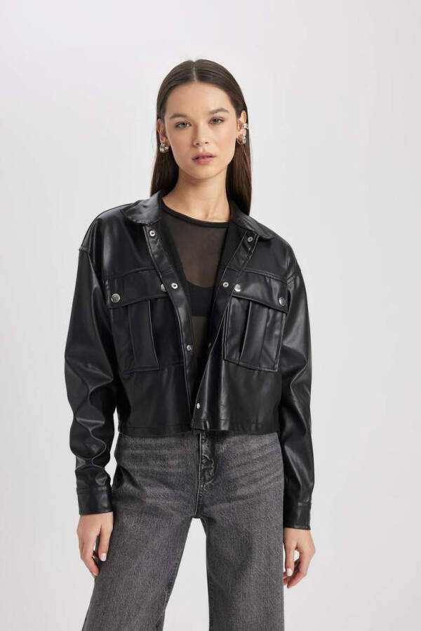 Oversize Fit Sun'iy Teri Uzun Yengli Ko'ylak Qora - 5