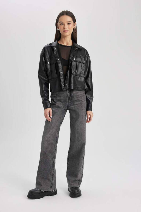 Oversize Fit Sun'iy Teri Uzun Yengli Ko'ylak Qora - 6
