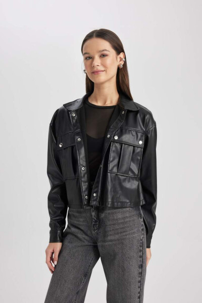 Oversize Fit Sun'iy Teri Uzun Yengli Ko'ylak Qora - 7