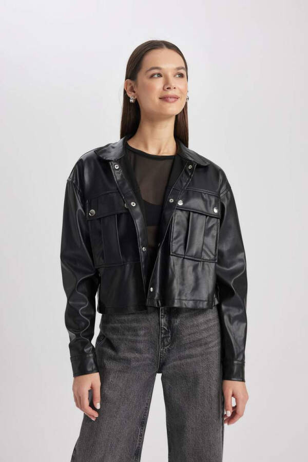 Oversize Fit Sun'iy Teri Uzun Yengli Ko'ylak Qora - 8