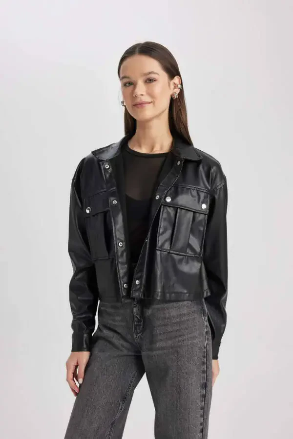 Oversize Fit Sun'iy Teri Uzun Yengli Ko'ylak Qora - 7