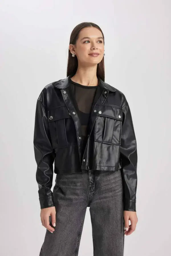 Oversize Fit Sun'iy Teri Uzun Yengli Ko'ylak Qora - 8